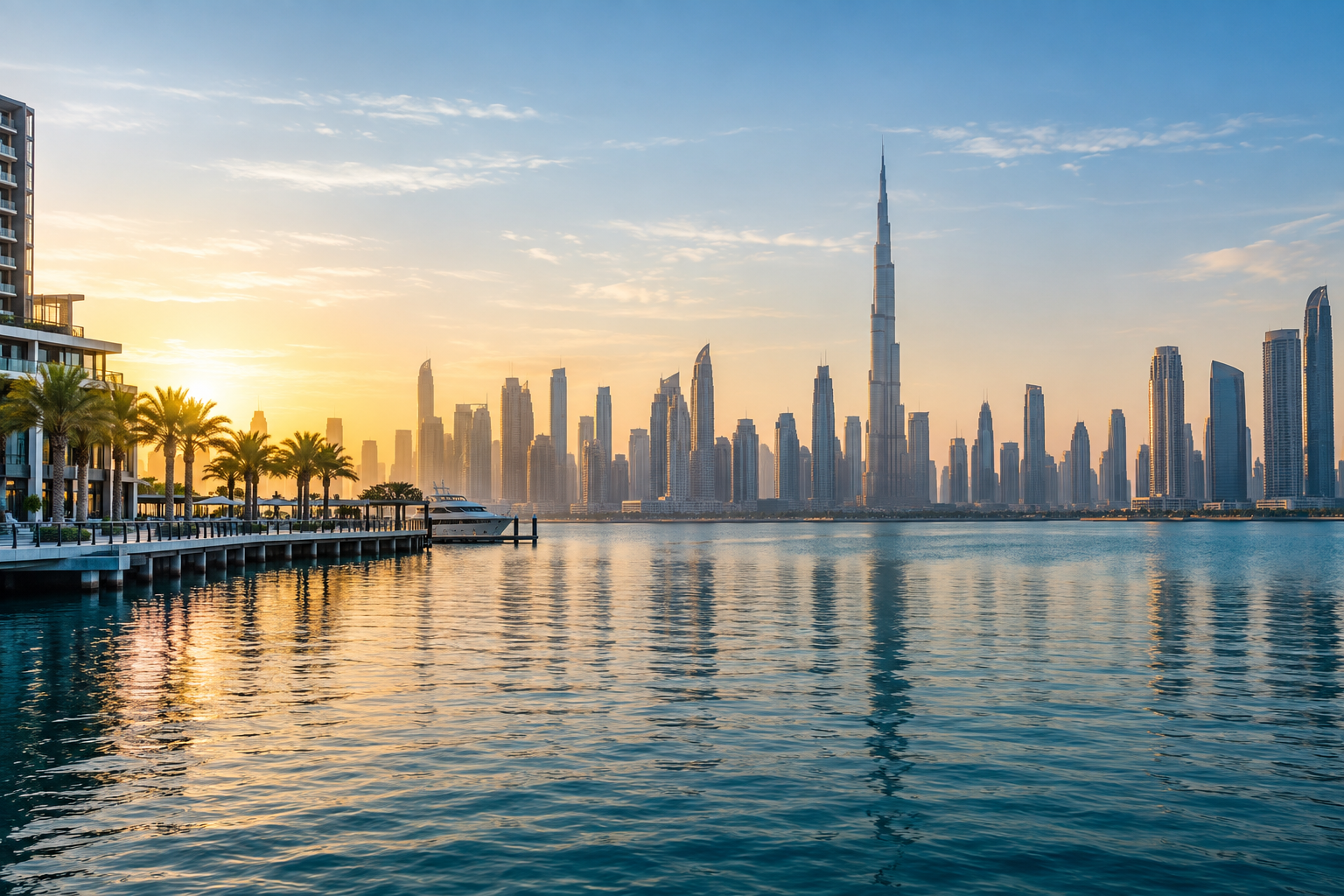 Dubai waterfront skyline in warm morning light