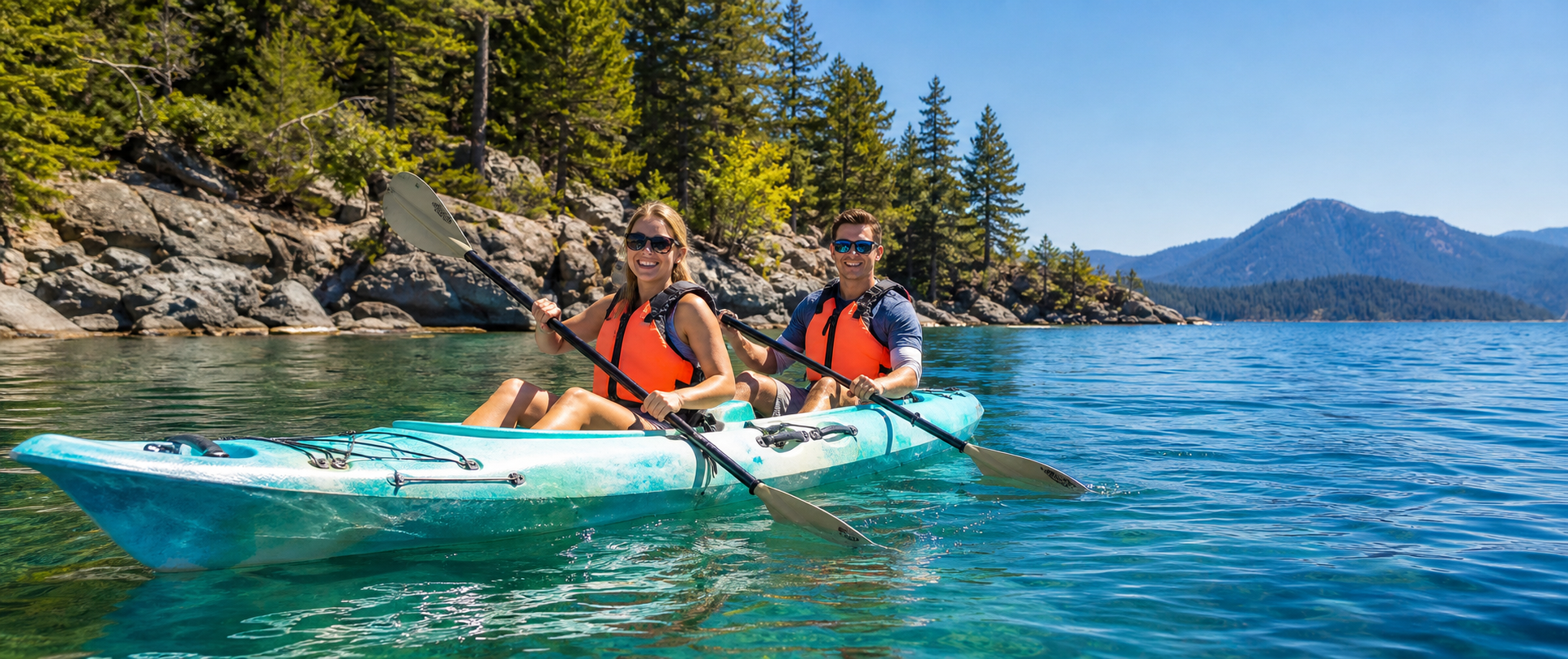 Two travelers kayaking on a scenic lake